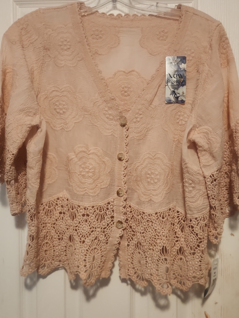 Crochet Lace Button-Front Cardigan in Blush
